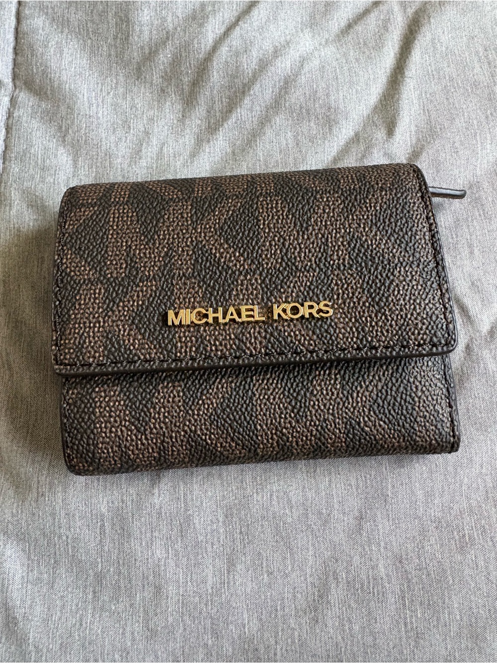 Michael Kors Brown Monogram Trifold Wallet with Gold Logo